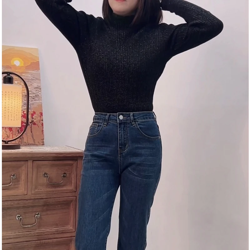 秋冬打底针织衫女半高领修身显瘦荷叶领洋气高贵上衣长袖黑色百搭