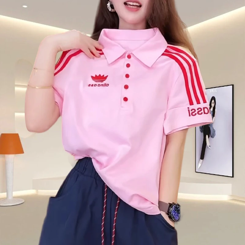 时尚潮牌粉色翻领纯棉t恤女上衣夏季字母印花休闲显瘦POLO衫短袖