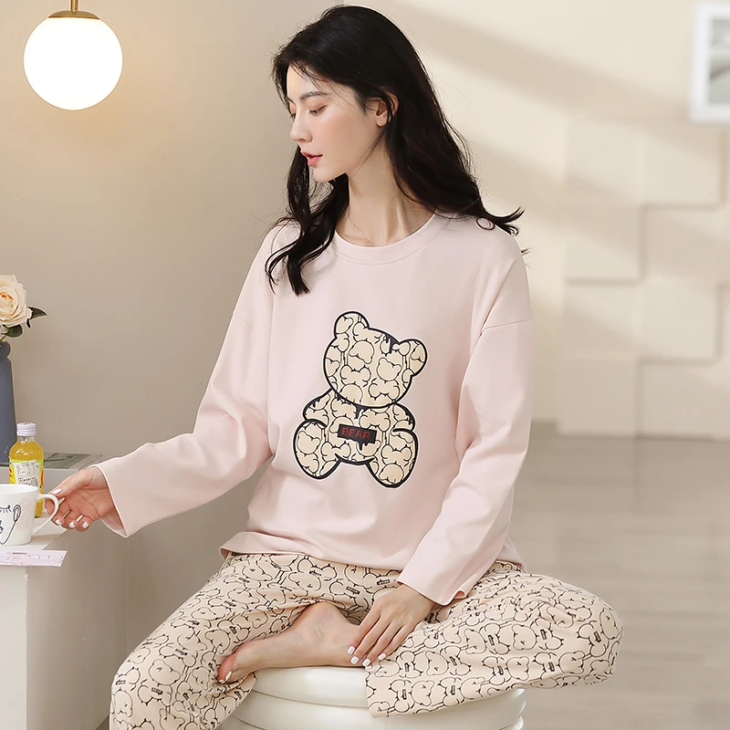 长袖长裤秋季圆领睡衣韩版大码宽松纯棉套装