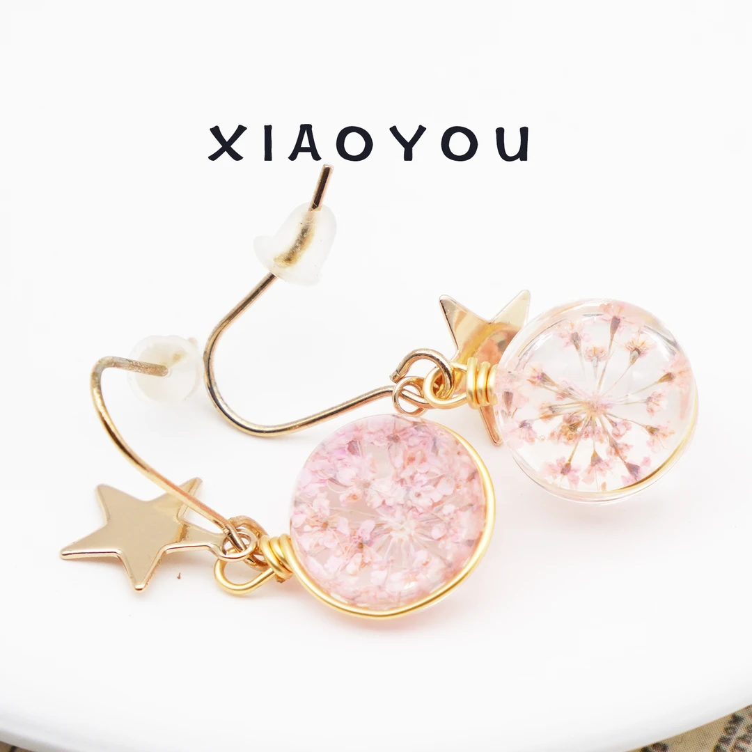 钛钢玻璃耳饰 琉璃永生花耳钉   ES003