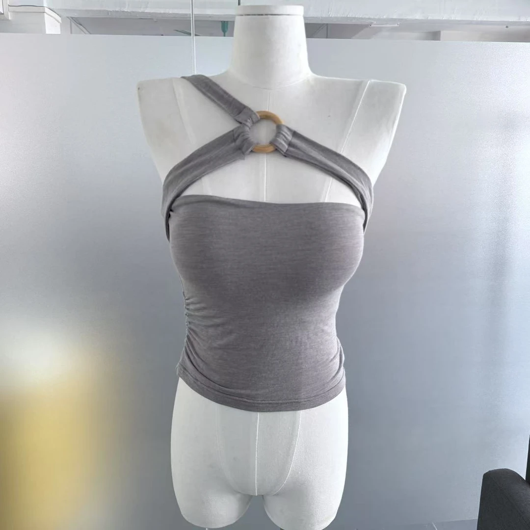 2025春夏新款不规则斜肩镂空吊带单肩抹胸背心辣妹上衣