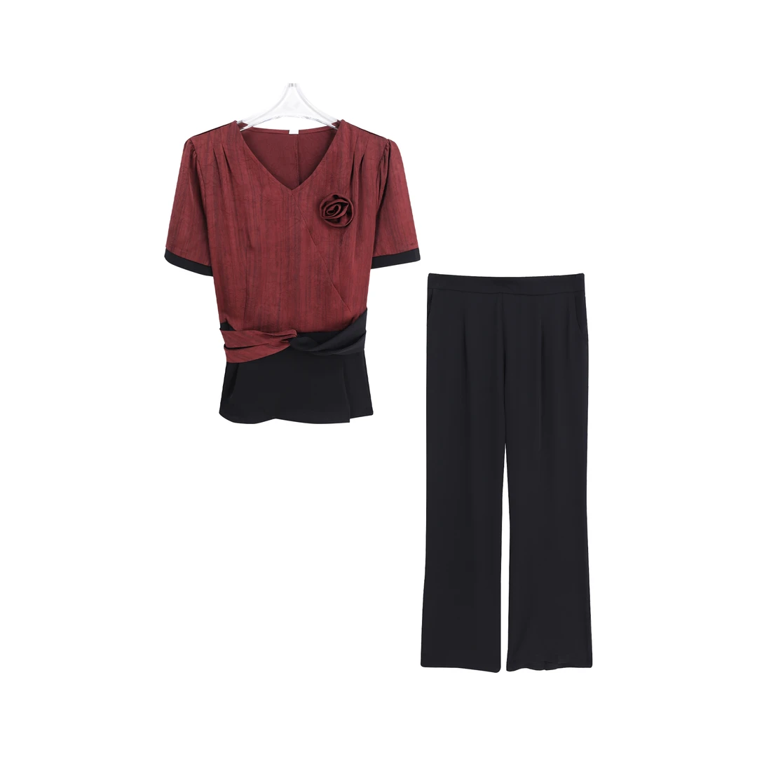 气质时尚套装女夏季显瘦小衫直筒裤休闲修身两件套A14091