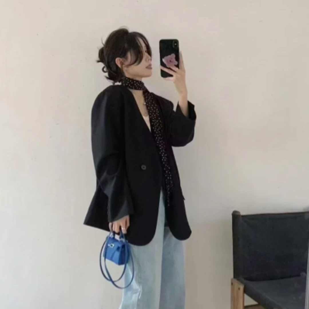 春款西服丝巾外套(黑色）休闲