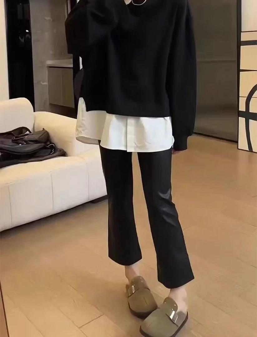 【晨浠定制】 新款秋款显瘦直筒九分皮裤2007