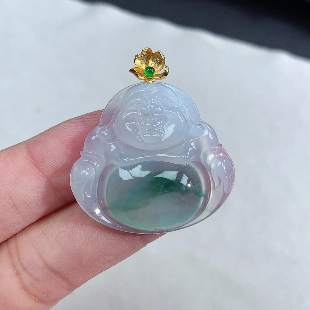 颈饰18K金镶嵌翡翠冰种飘花佛公