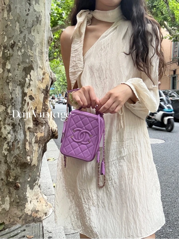 99新 Chanel/香奈儿 大吉中古/薰衣草紫竖版相机斜挎包