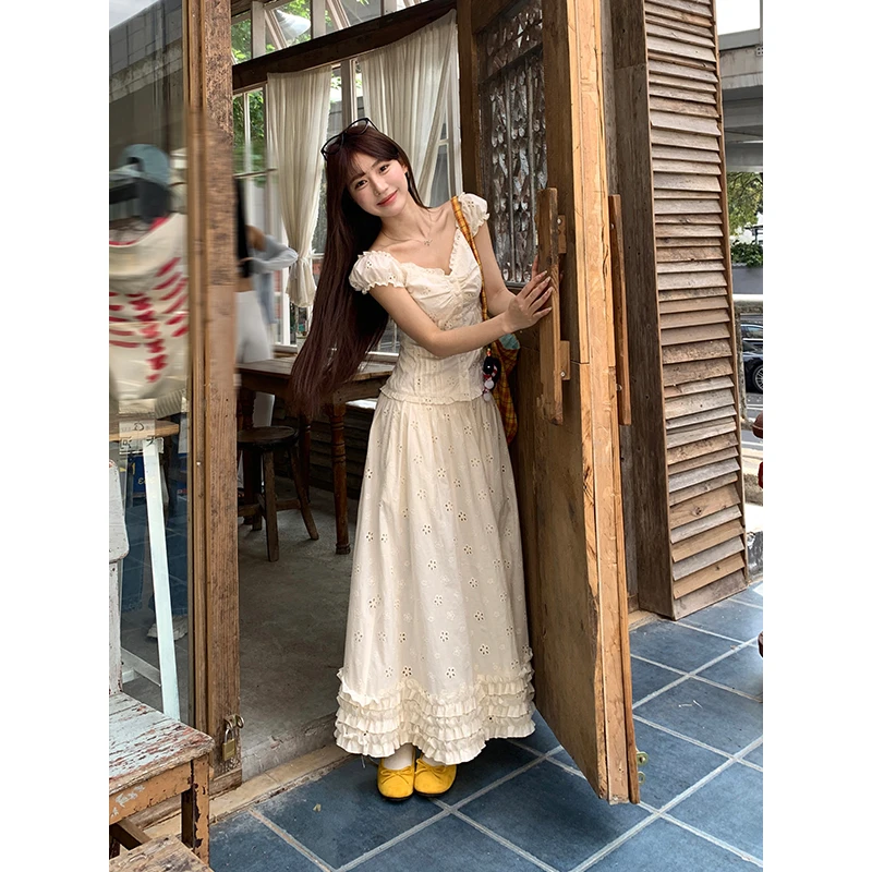 宋正恩杏色蕾丝花边半身裙女夏季2025新款小个子甜美气质a字长裙