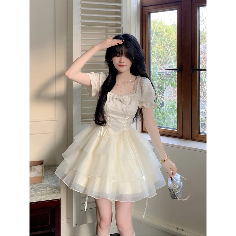 Blovelan清风铃兰 甜美公主风蝴蝶结欧根纱短款连衣裙蓬蓬裙女夏