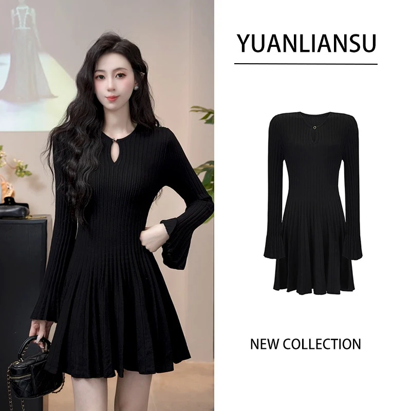 YUANLIANSU/圆脸酥【云川盛意】法式气质黑色修身显瘦长袖连衣裙女