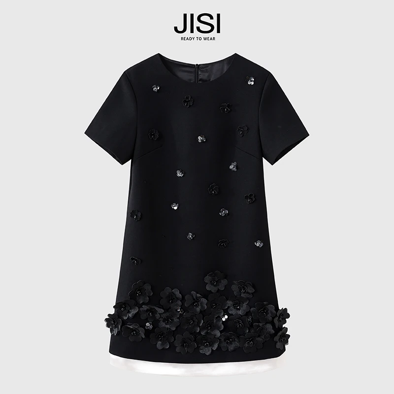 JISI 黑色手工花瓣连衣裙-L24016