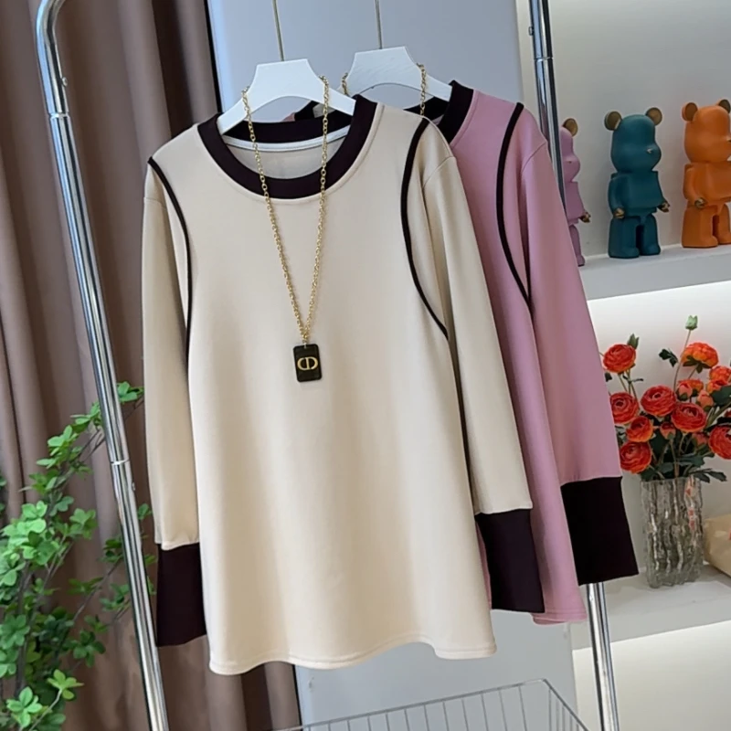 设计感撞色拼接圆领卫衣女2025冬季新款宽松休闲显瘦打底衫上衣