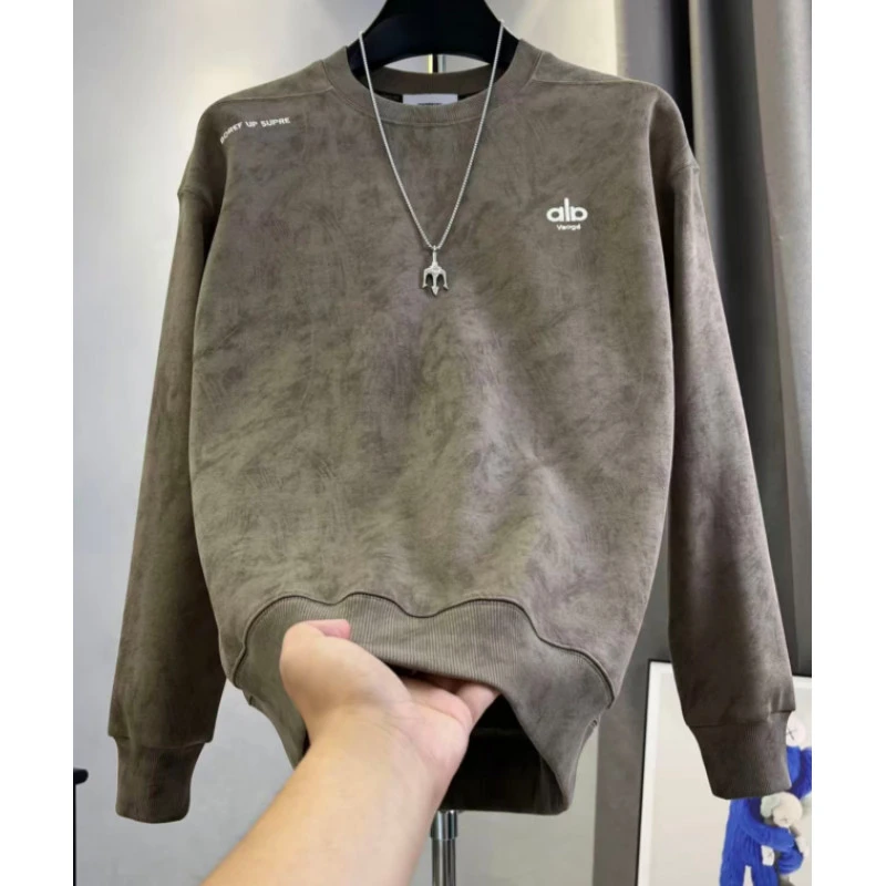 男士2025秋季简约字母刺绣爆款男休闲扎染长袖拼接圆领卫衣【9606】