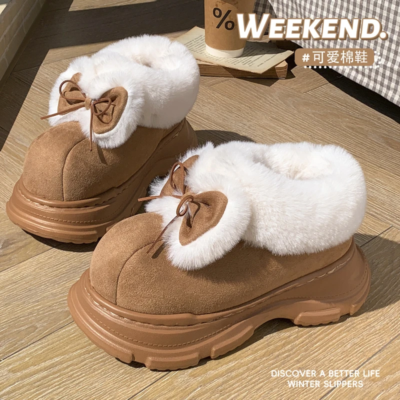 明盛冬款厚底毛绒女款雪地靴棉鞋保暖防滑立体蝴蝶结不掉毛