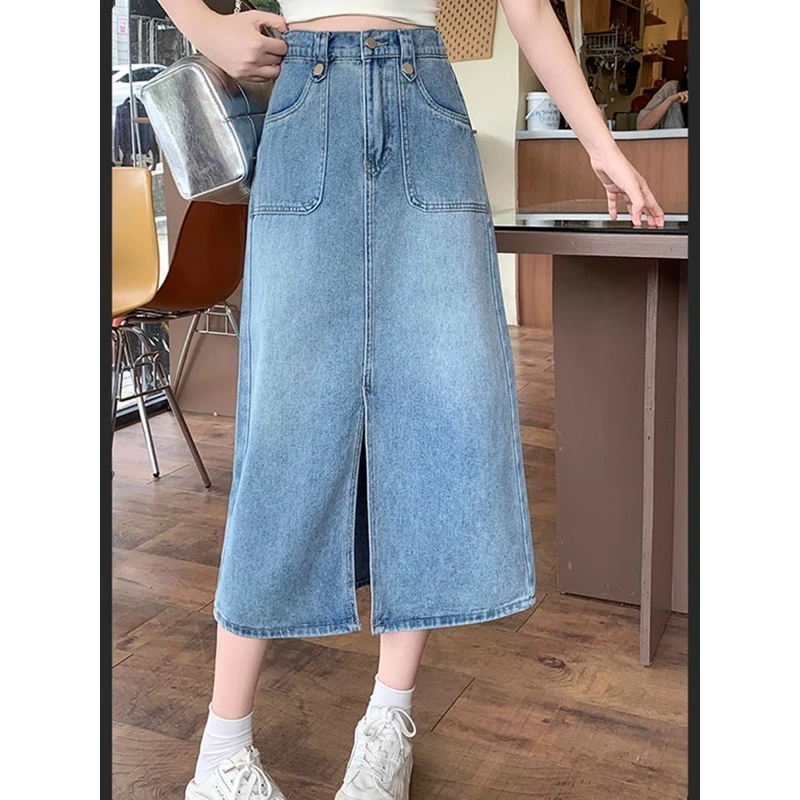 高腰A字裙百搭大码牛仔裙夏季游出行胖mm复古蓝韩版中长款半身裙