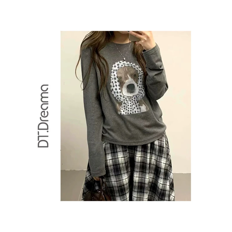 早秋韩版设计小众卡通小狗印花长袖T恤女宽松百搭休闲上衣秋季