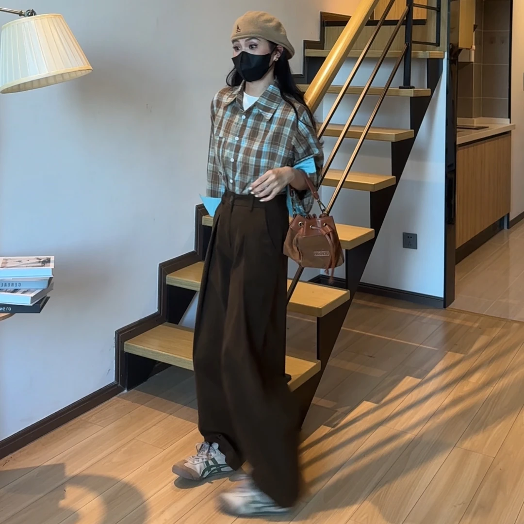 小个子美式复古格子长袖衬衫早秋设计感高级感慵懒风衬衣外套