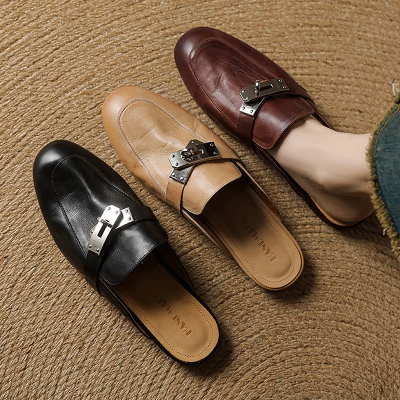 巨软1.5cm金属扣轻奢平底凉拖鞋子新款百搭懒人包头拖鞋女鞋外穿