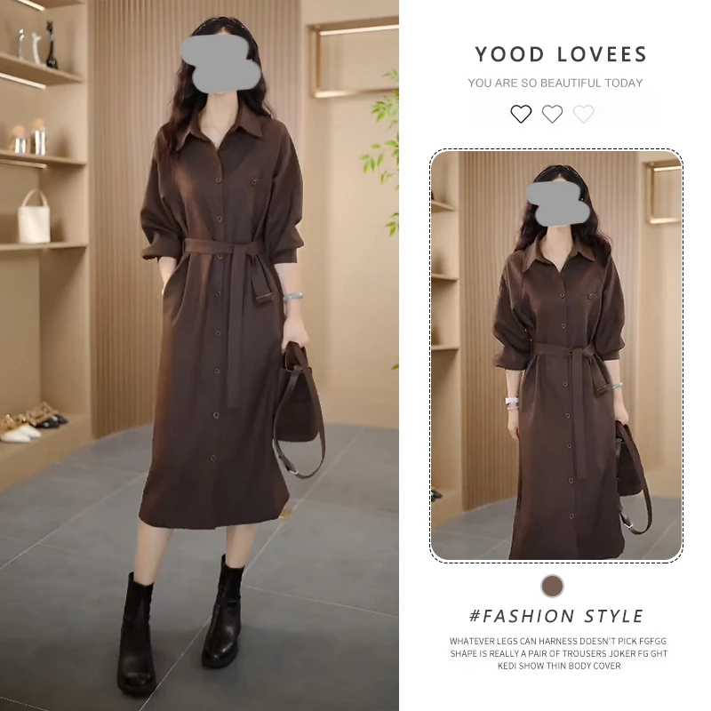 韩版衬衣领系带连衣裙子女士春秋季新款减龄洋气时尚过膝遮肚裙子