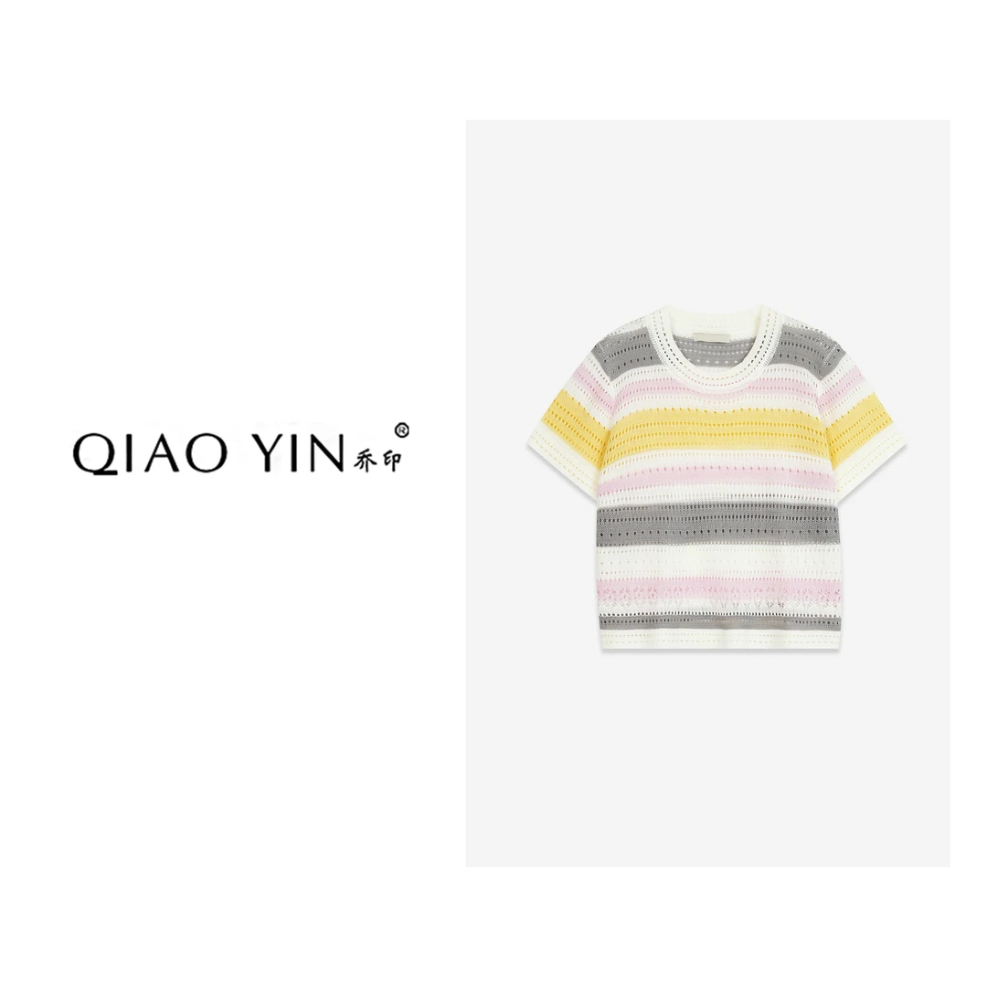 QIAO YIN"小衫“时尚女士夏季宽松条纹设计师圆领QY27362