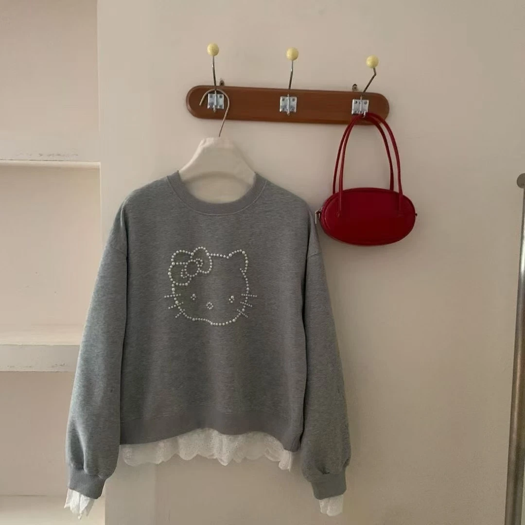 25春款韩系蕾丝珠珠卫衣百搭