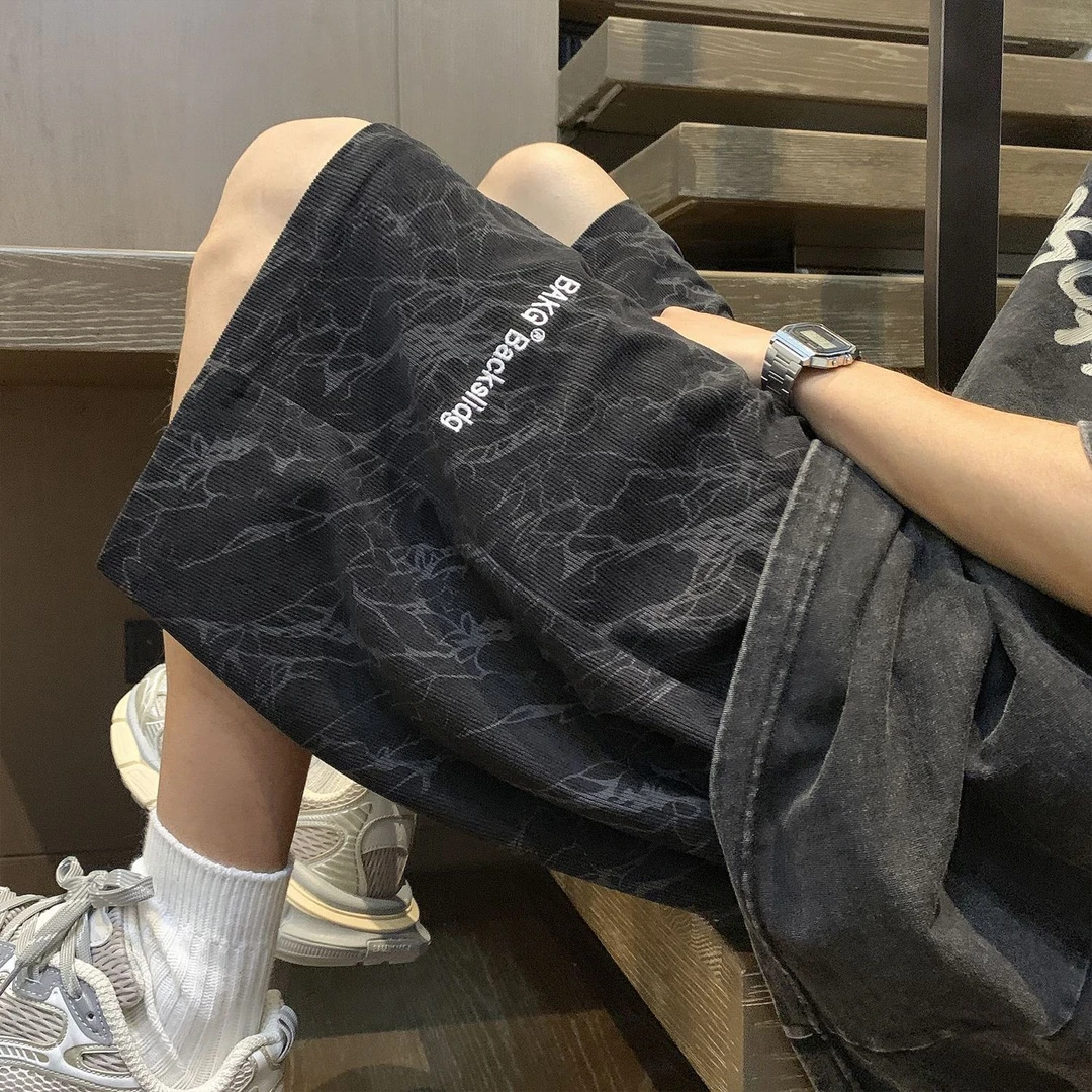 夏季五分裤宽松中裤ins刺绣运动短裤大码男士薄款潮休闲裤青少年