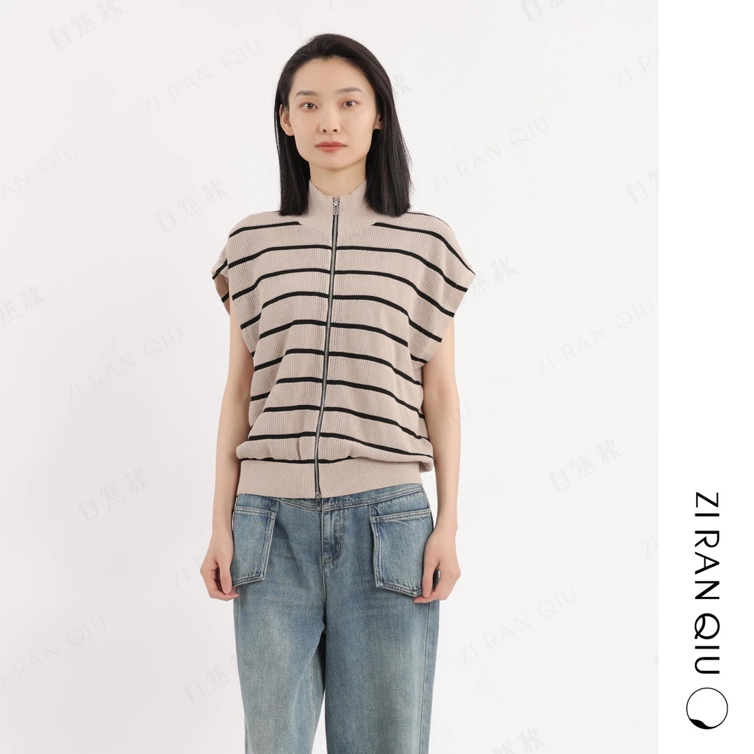 【自然秋】休闲日记 撞色条纹春夏新款镂空立领无袖拉链针织开衫