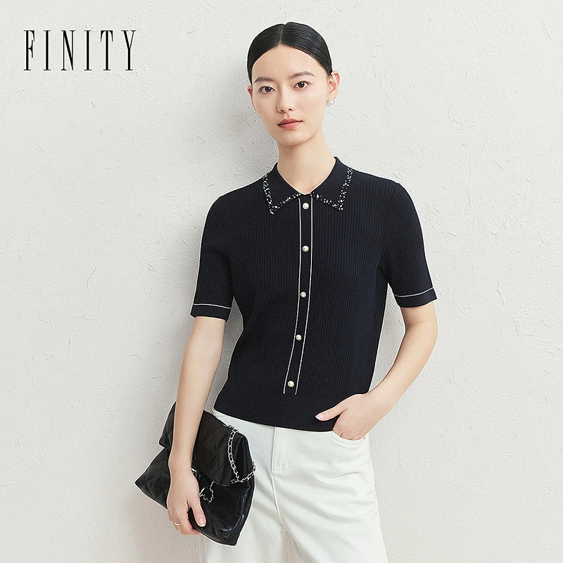 【籽言专属】FINITY 针织衫新款简约衬衫领气质百搭钉珠 F21Y3B18S2