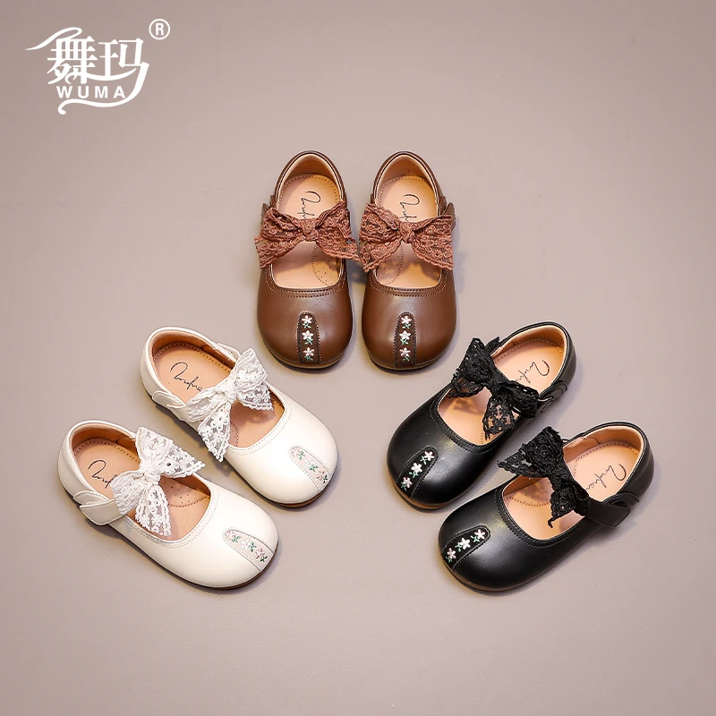 舞玛女童鞋子儿童公主鞋2025新款春秋季软底蝴蝶结单皮鞋537099