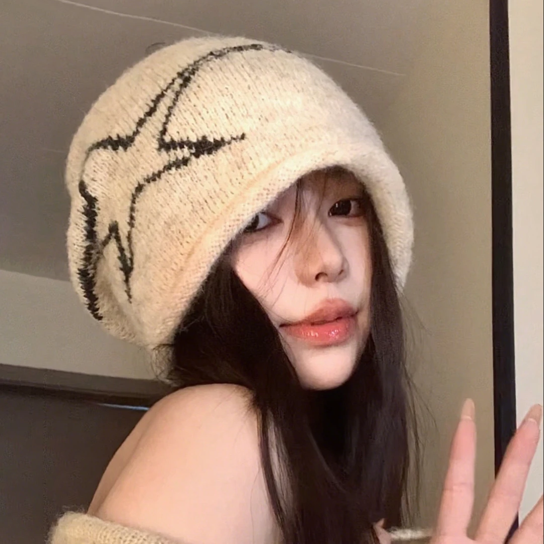 美式复古卷边针织堆堆帽大头围显脸小冷帽女款2025新款百搭毛线帽