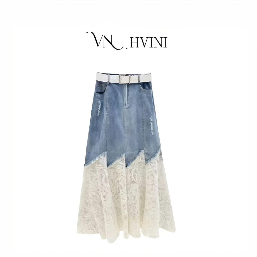 蕾丝拼接牛仔半身裙女夏季新款复古高腰显瘦轻熟风中长款a字伞裙