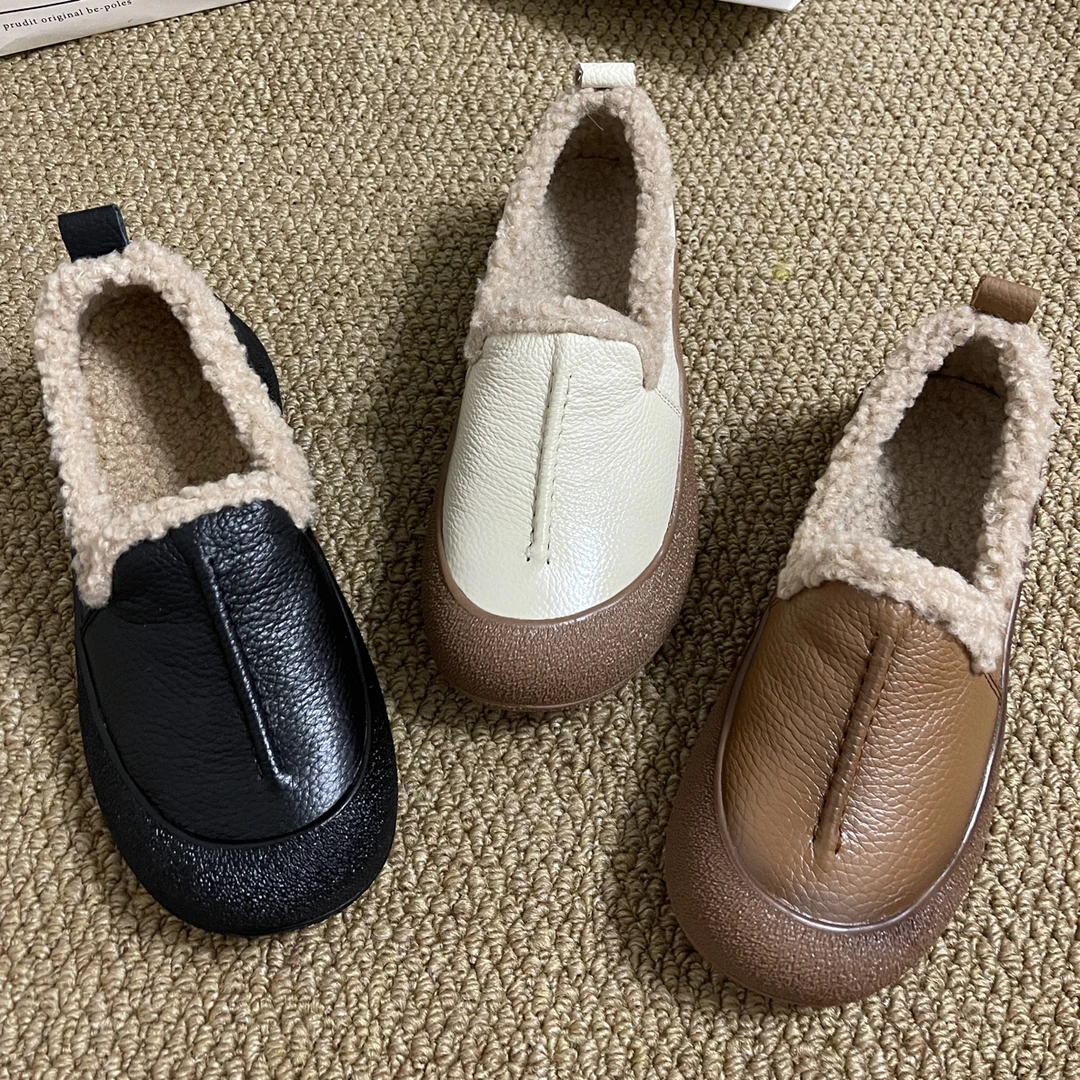 新款冬季真皮一脚蹬保暖平底毛毛棉鞋妈妈鞋女款