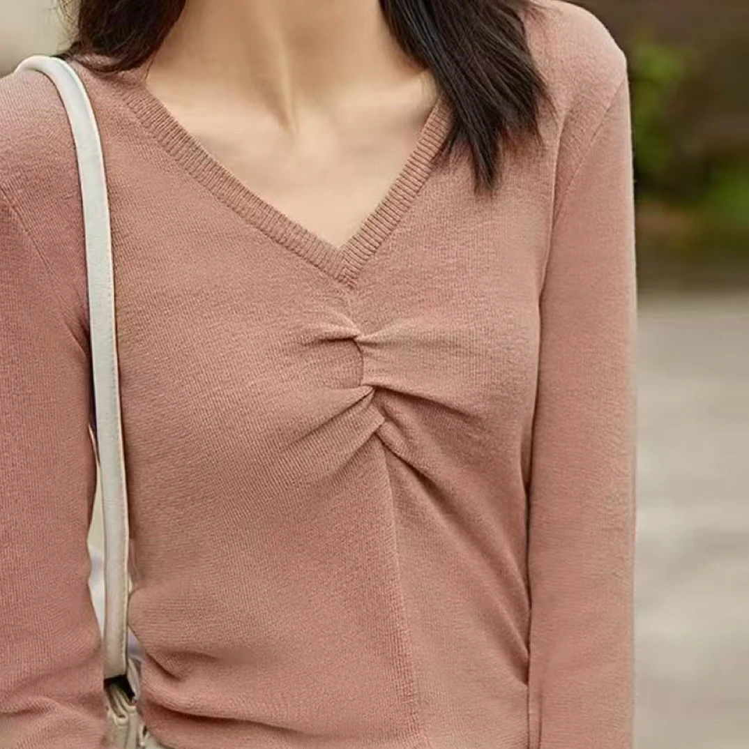 092305 对～粉色V领褶皱针织衫女扭结薄款内搭打底毛衣上衣秋款