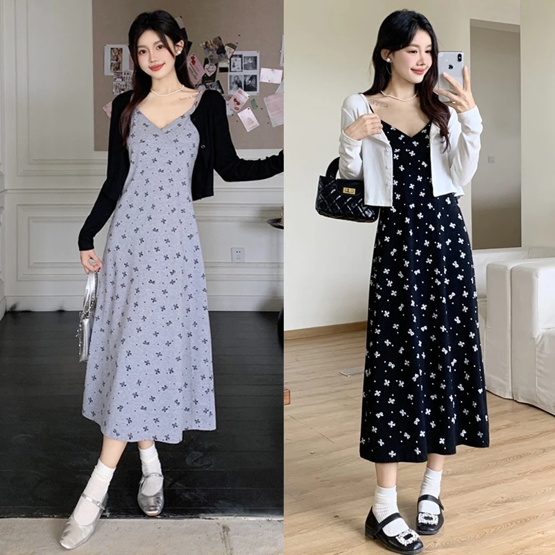 6507-大码春装新款2024时尚开衫防晒上衣遮胯减龄吊带裙两件套