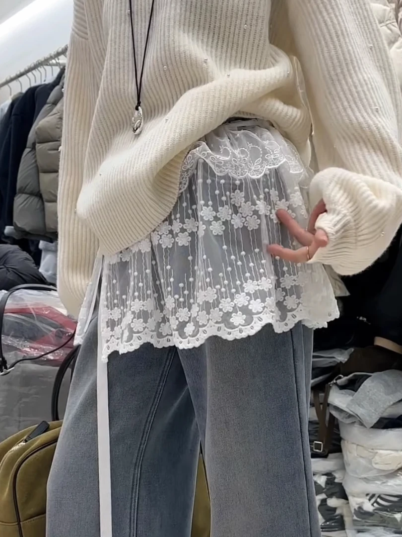 白色侧开叉系带双层蕾丝小屁帘围裙女春秋冬叠穿百搭下摆打底短裙