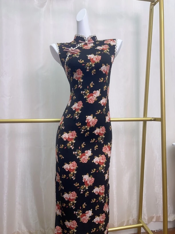 V-3133 暗夜玫瑰 珍珠纱 无袖新中式夏款年轻款改良旗袍120cm长款