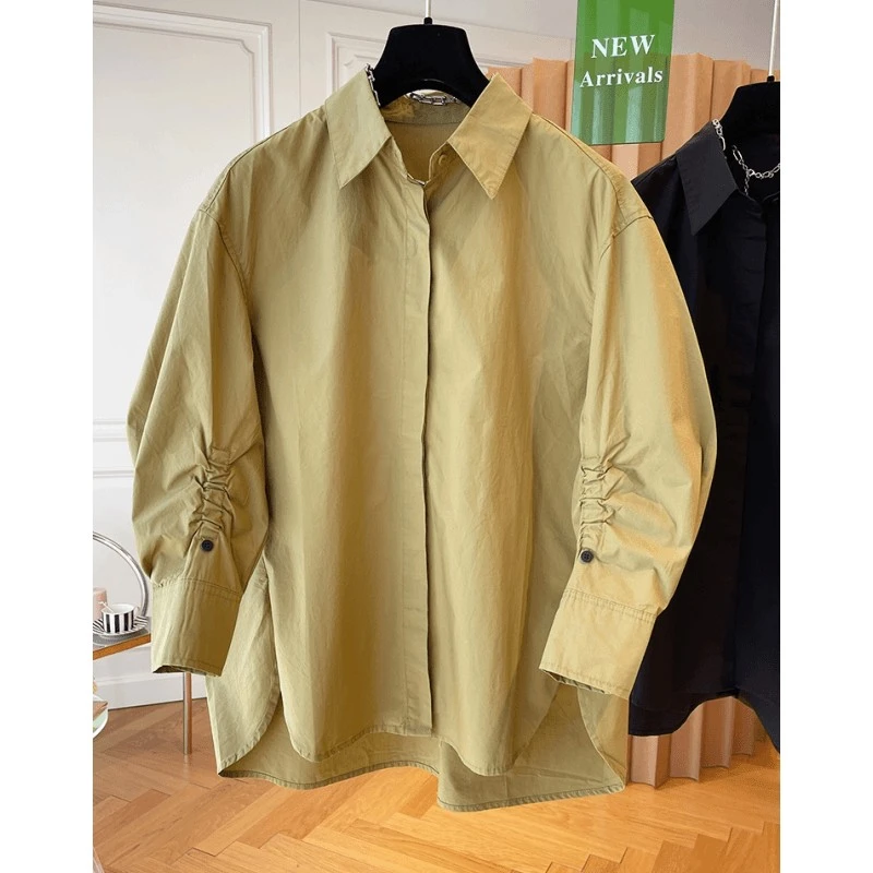 抽褶袖子高级设计感小众长袖衬衫女2025早春新款宽松休闲棉布上衣