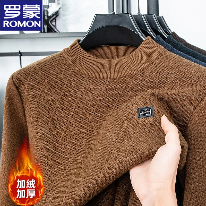 罗蒙秋冬新款加绒加厚毛衣男士保暖圆领提花针织衫休闲百搭打底衫