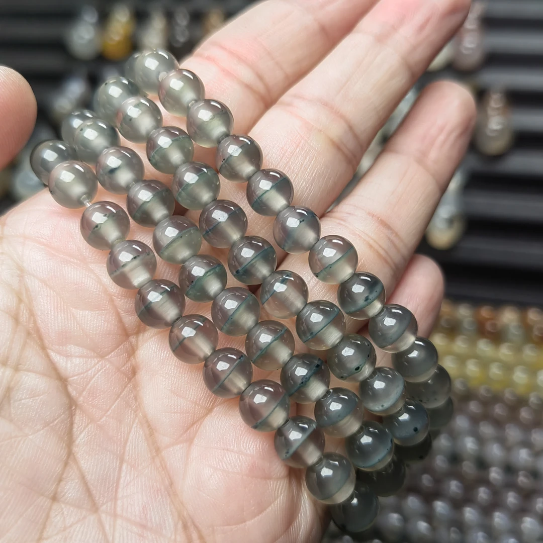 非金属布艺手链 7mm108 绿朱砂绿一线 景观珠 蓝绿玻璃底