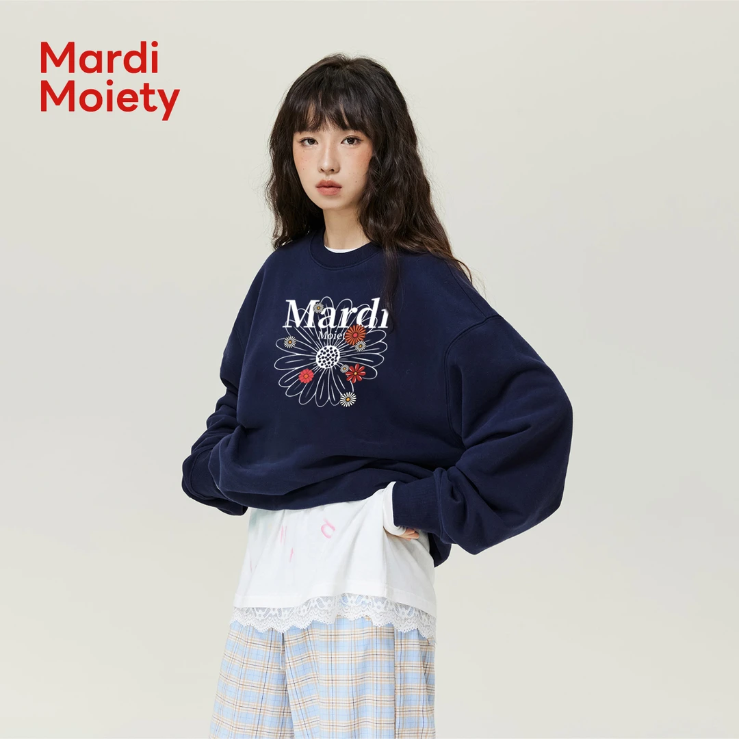 Mardi Moiety小雏菊藏青色圆领套头卫衣女秋季复古宽松慵懒风上衣