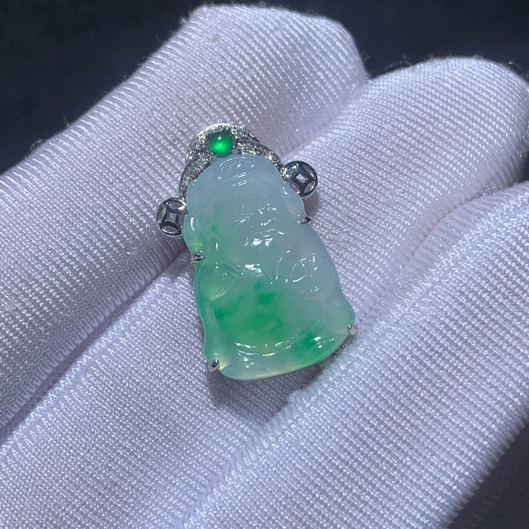 ZY-0618-1-10  天然缅甸翡翠A货  18K金财神吊坠