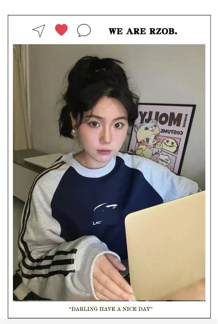 字母设计B拼色拉条百搭加绒加厚圆领休闲卫衣