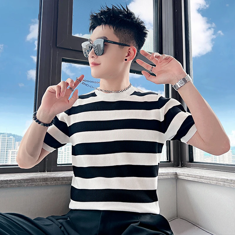黑白条纹短袖t恤男款撞色针织半袖夏季新款高级感男装冰丝T恤上衣