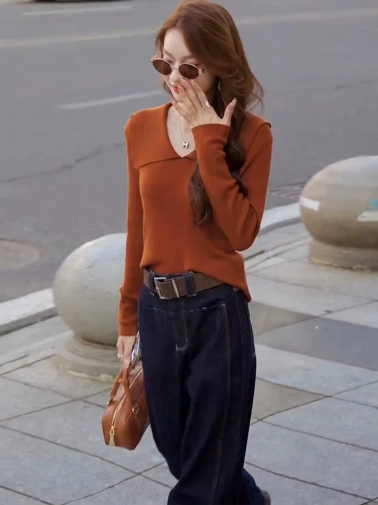 高级感翻领长袖针织衫秋冬季新款今年流行气质显瘦内搭打底衫上衣