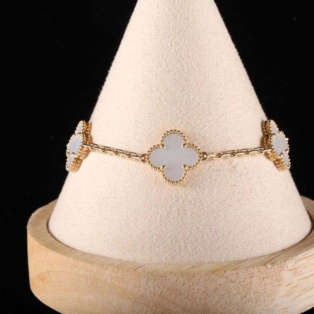 95新 梵克雅宝 【双双】中号五花手链 新扣 18K黄金/白贝母 S-M码