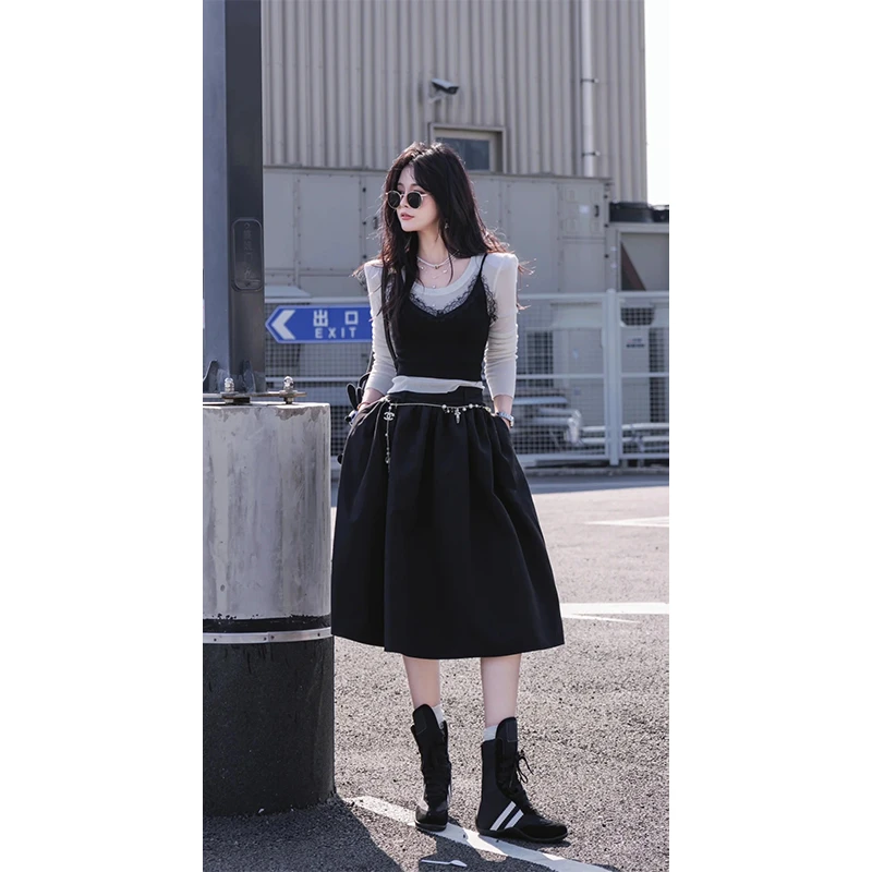 纯欲风性感修身长袖打底蕾丝吊带上衣女2025秋季新款休闲半身裙子