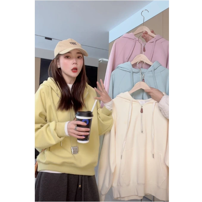 九佳 350G高克重宽松显瘦皮标半拉链连帽卫衣时尚休闲百搭