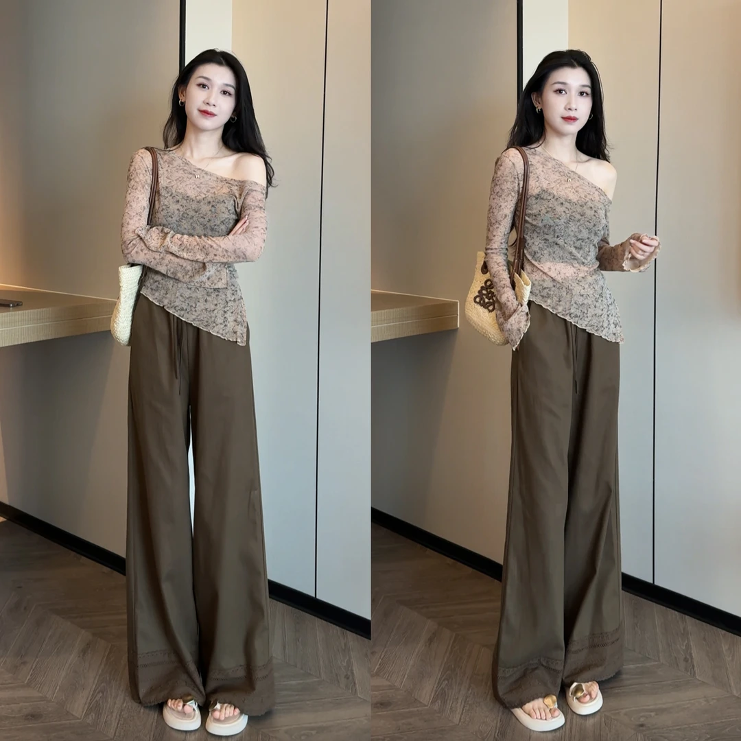 韩系穿搭不规则长袖针织衫+抽绳休闲裤两件套套装