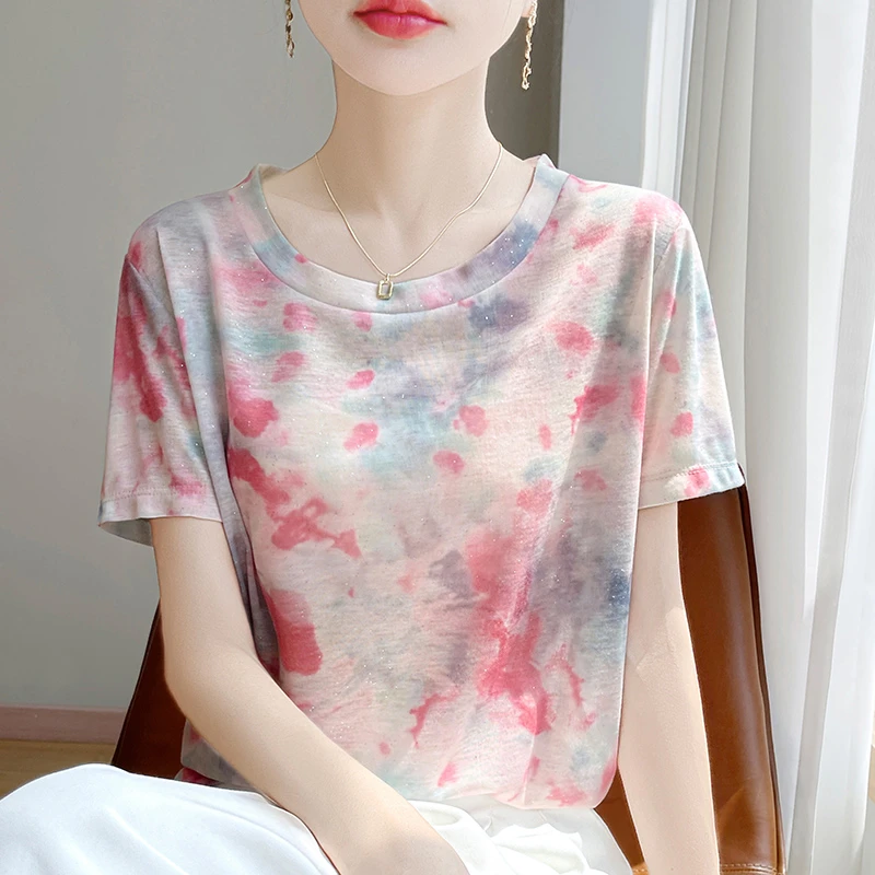 2025夏季新款圆领莱赛尔薄款针织打底衫女士宽松短袖T恤上衣