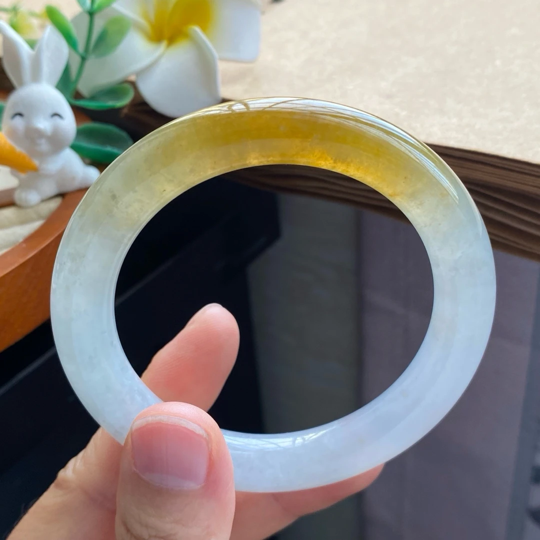 天然翡翠手镯01.12批冰橙黄圆条13058号55.7-10.6-10 厚装圆润！