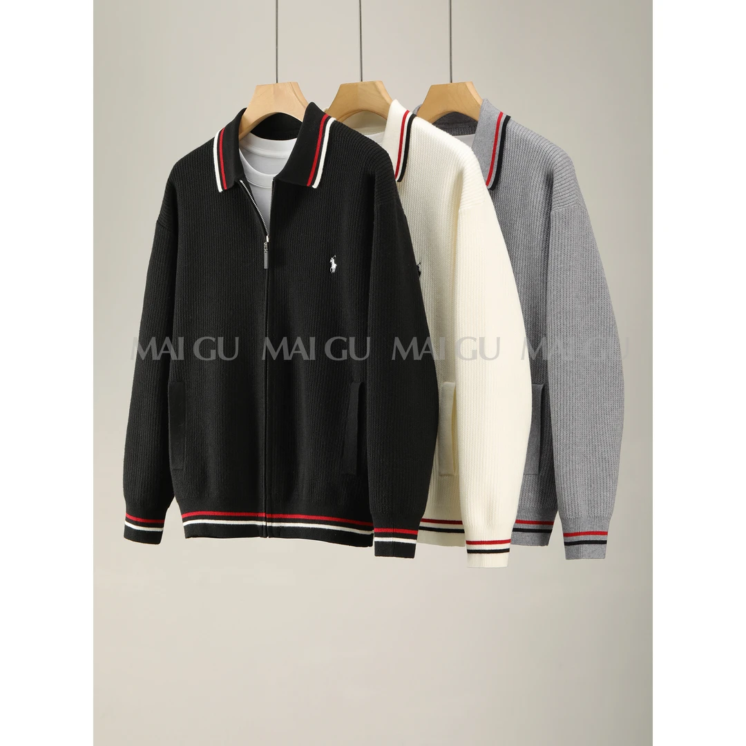 【MAIGU】【坑纹肌理感】秋季老钱撞色条纹设计刺绣针织开衫翻领外套